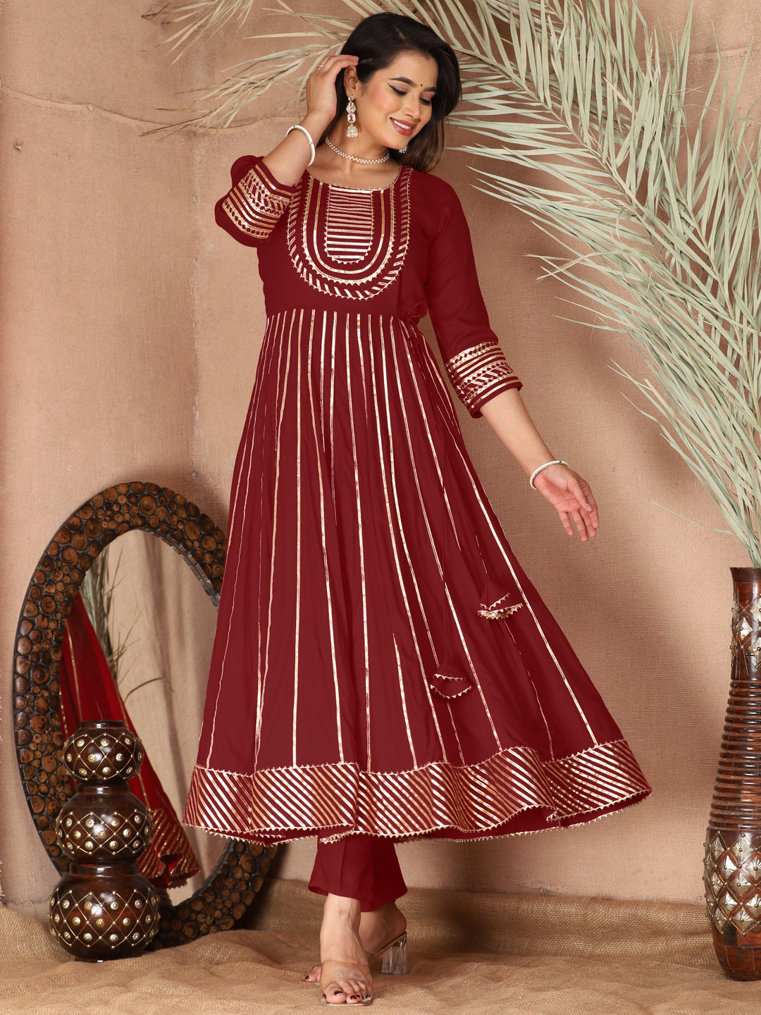 Maroon Gota Patti Work Anarkali Primum Rayon Kurta Pant Set with Chiffon Dupatta –3 Piece Salwar Kameez