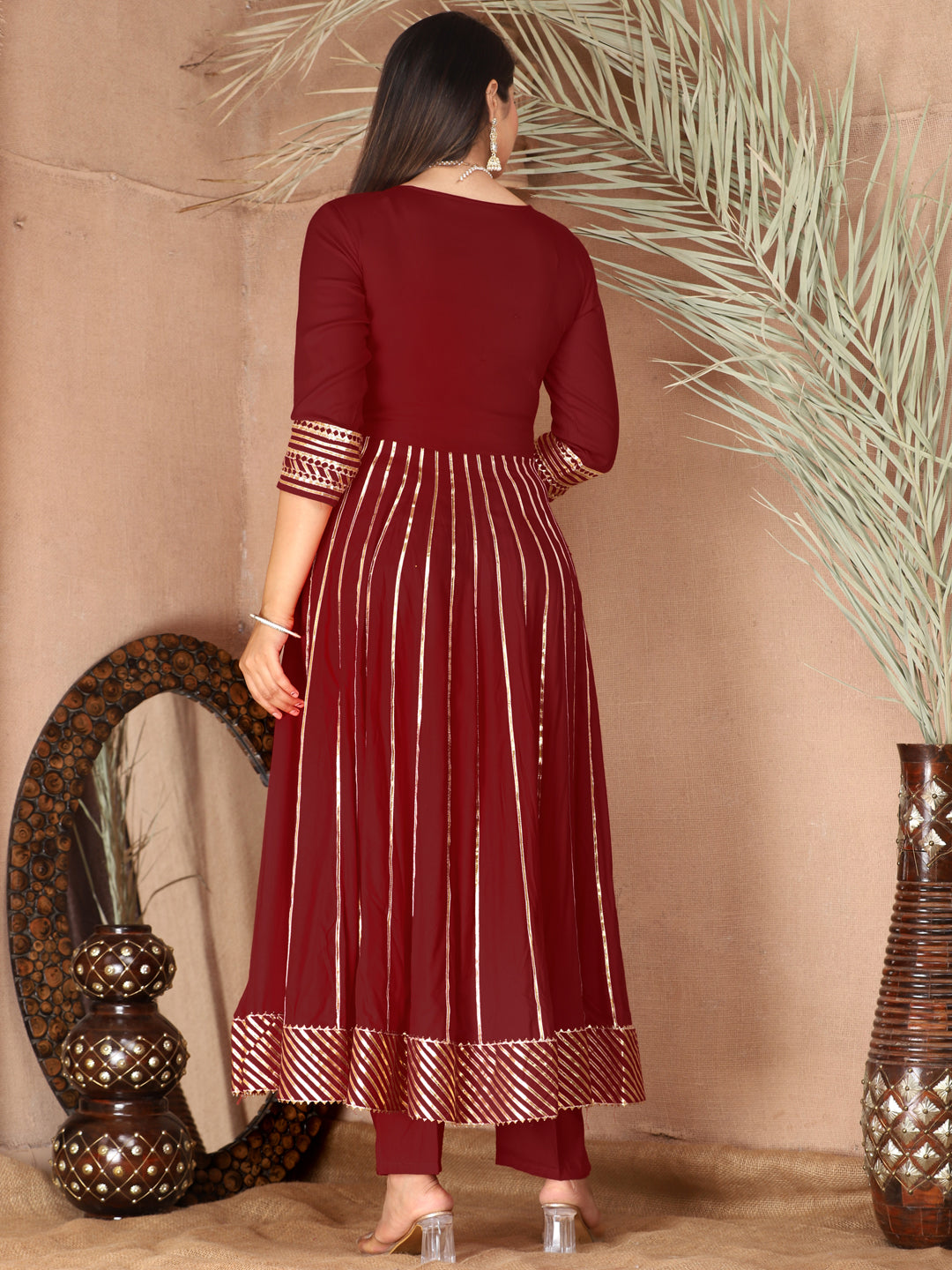 Maroon Gota Patti Work Anarkali Primum Rayon Kurta Pant Set with Chiffon Dupatta –3 Piece Salwar Kameez