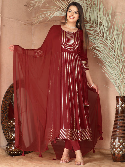 Maroon Gota Patti Work Anarkali Primum Rayon Kurta Pant Set with Chiffon Dupatta –3 Piece Salwar Kameez