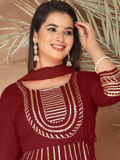 Maroon Gota Patti Work Anarkali Primum Rayon Kurta Pant Set with Chiffon Dupatta –3 Piece Salwar Kameez