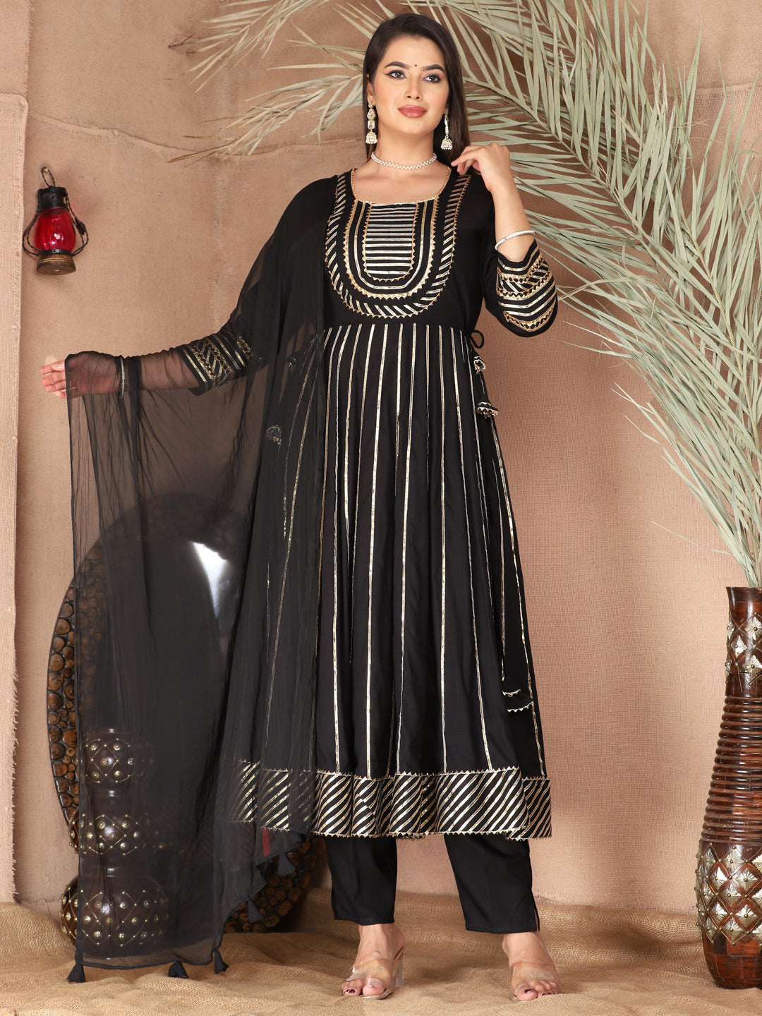 Black Gota Patti Work Anarkali Primum Rayon Kurta Pant Set with Chiffon Dupatta –3 Piece Salwar Kameez-750078