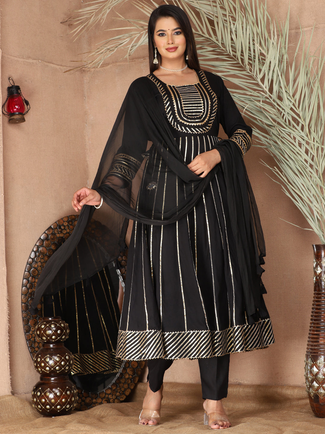 Black Gota Patti Work Anarkali Primum Rayon Kurta Pant Set with Chiffon Dupatta –3 Piece Salwar Kameez-750078