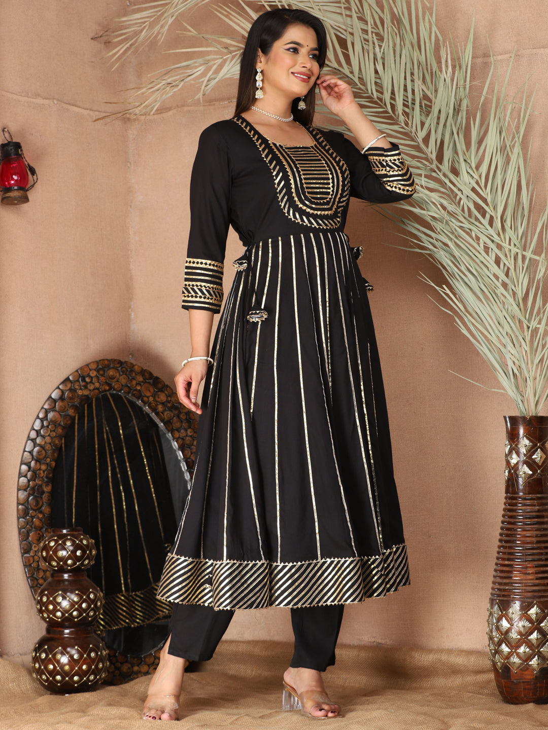Black Gota Patti Work Anarkali Primum Rayon Kurta Pant Set with Chiffon Dupatta –3 Piece Salwar Kameez-750078