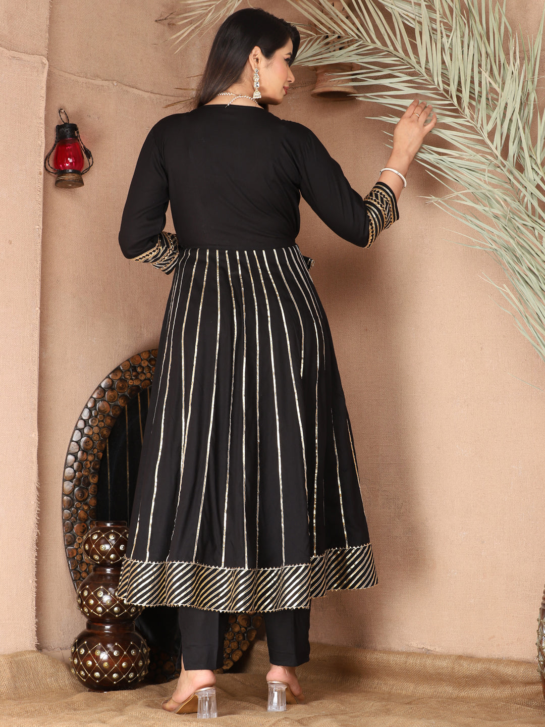 Black Gota Patti Work Anarkali Primum Rayon Kurta Pant Set with Chiffon Dupatta –3 Piece Salwar Kameez-750078