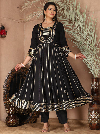 Black Gota Patti Work Anarkali Primum Rayon Kurta Pant Set with Chiffon Dupatta –3 Piece Salwar Kameez-750078