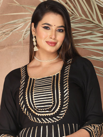 Black Gota Patti Work Anarkali Primum Rayon Kurta Pant Set with Chiffon Dupatta –3 Piece Salwar Kameez-750078