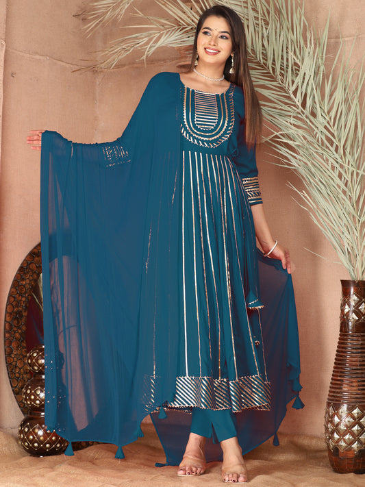 Blue Gota Patti Work Anarkali Primum Rayon Kurta Pant Set with Chiffon Dupatta –3 Piece Salwar Kameez-750079