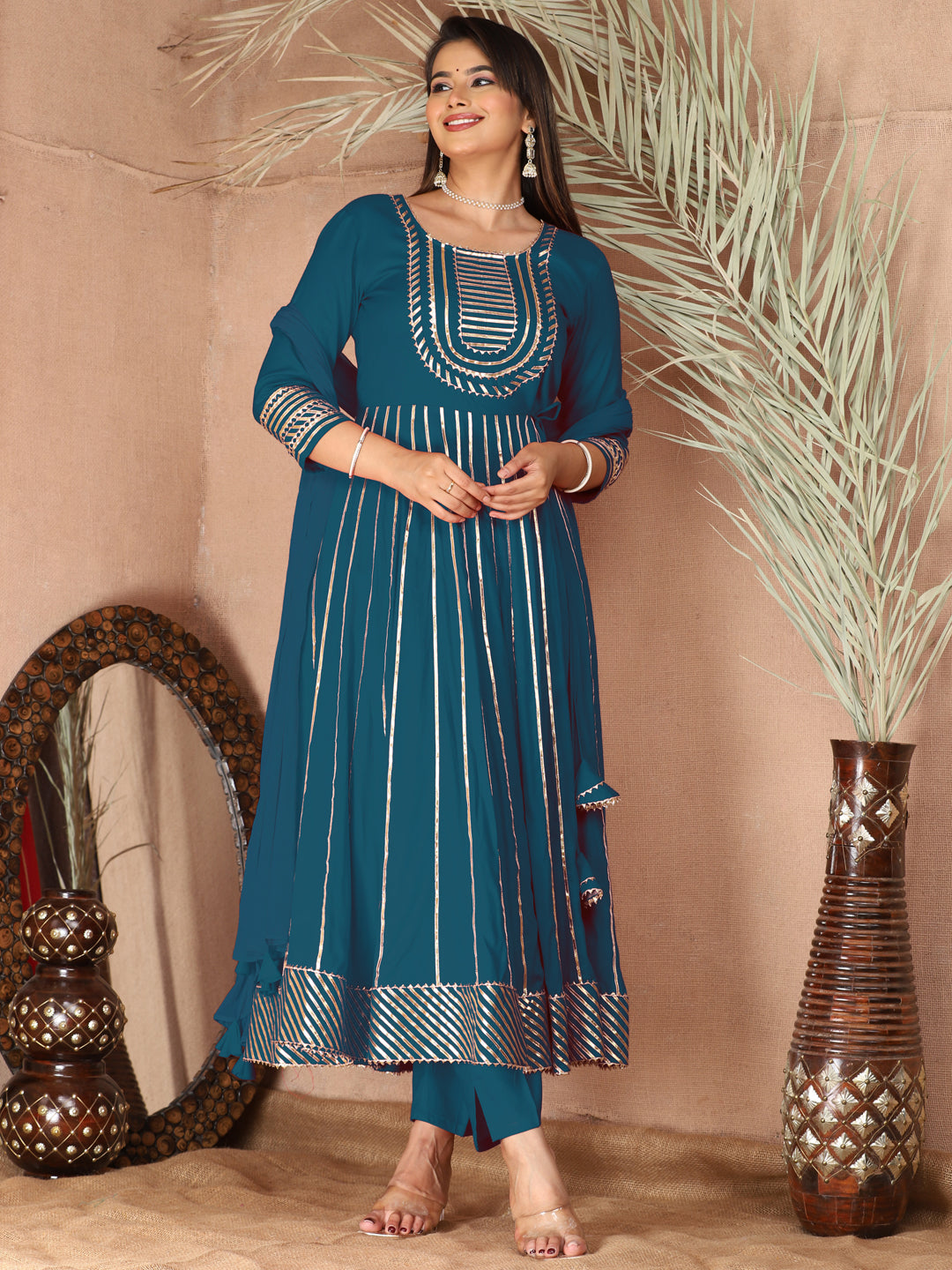 Blue Gota Patti Work Anarkali Primum Rayon Kurta Pant Set with Chiffon Dupatta –3 Piece Salwar Kameez-750079