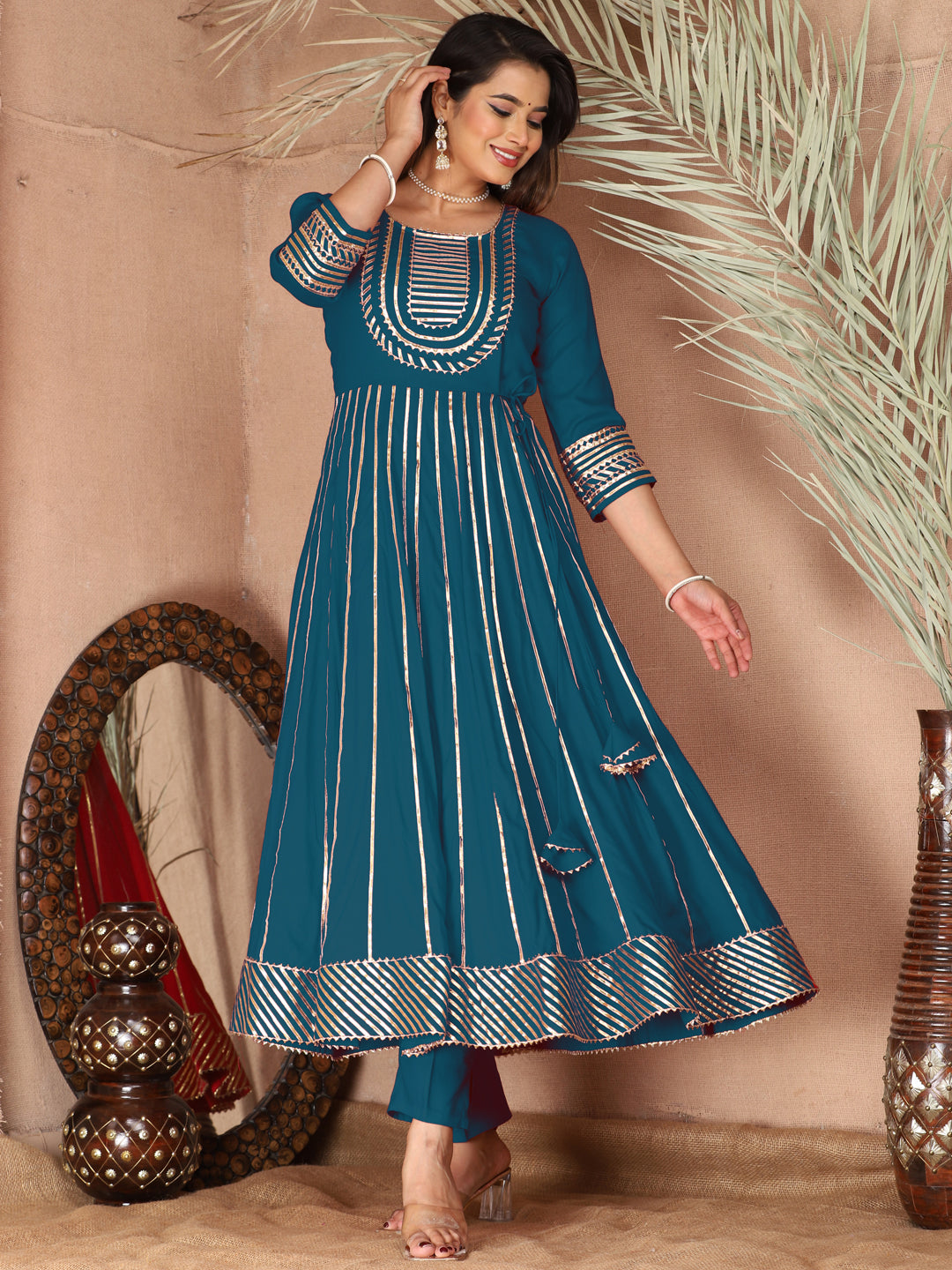 Blue Gota Patti Work Anarkali Primum Rayon Kurta Pant Set with Chiffon Dupatta –3 Piece Salwar Kameez-750079