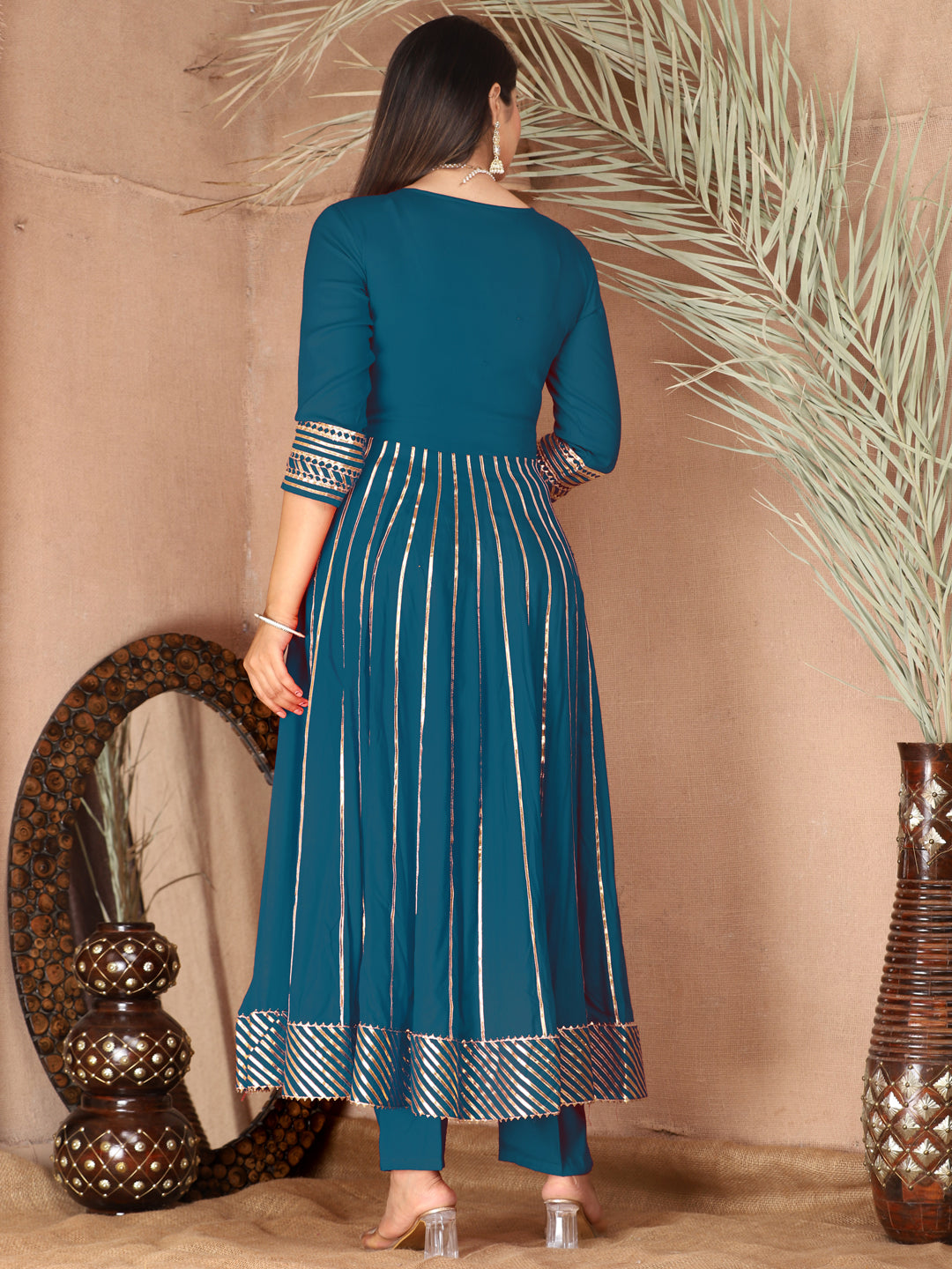 Blue Gota Patti Work Anarkali Primum Rayon Kurta Pant Set with Chiffon Dupatta –3 Piece Salwar Kameez-750079