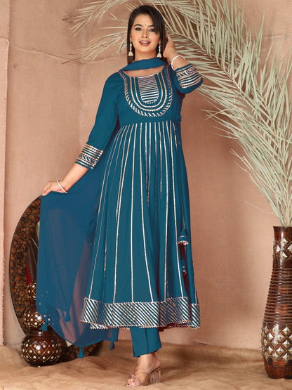 Blue Gota Patti Work Anarkali Primum Rayon Kurta Pant Set with Chiffon Dupatta –3 Piece Salwar Kameez-750079