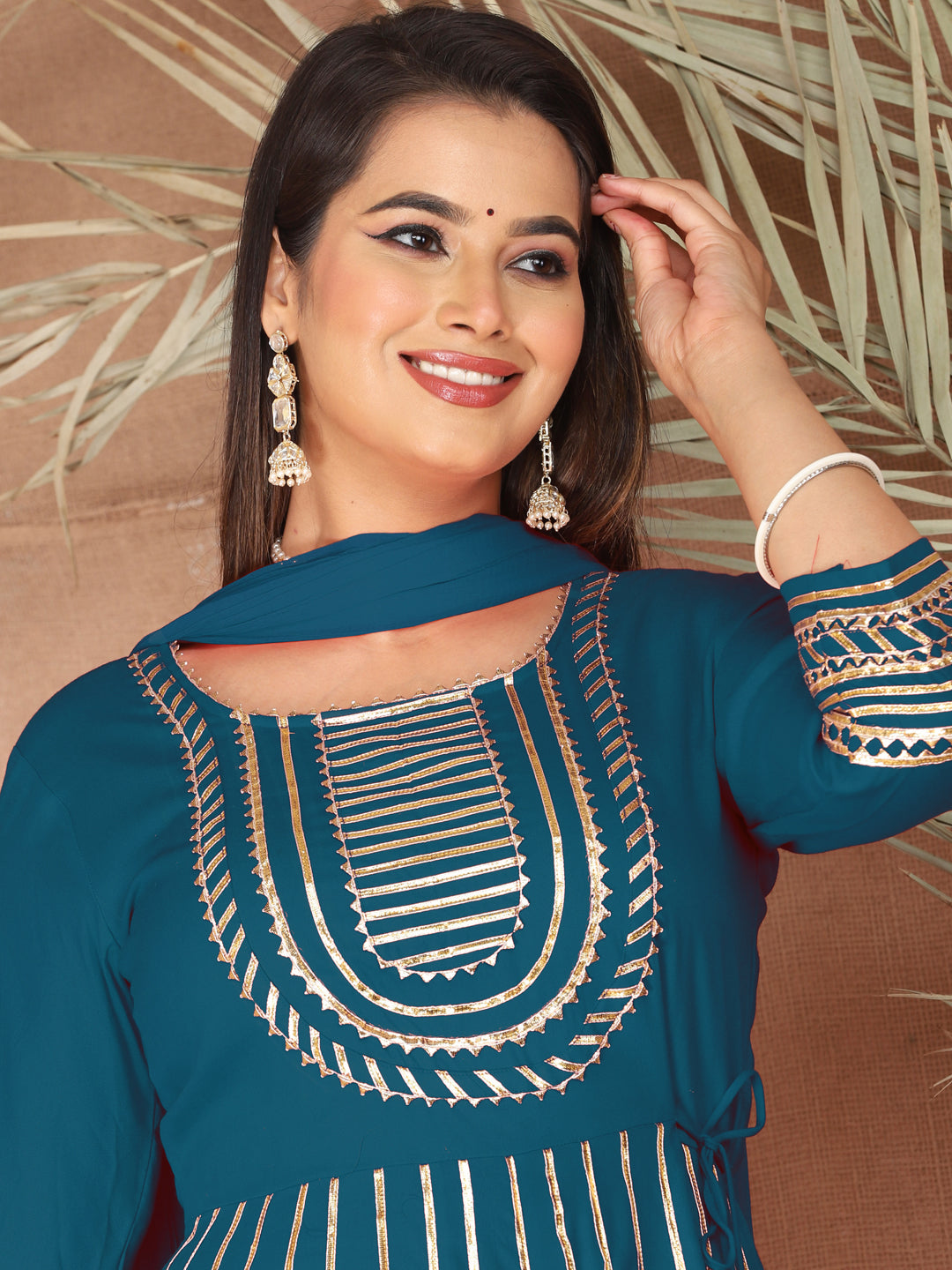 Blue Gota Patti Work Anarkali Primum Rayon Kurta Pant Set with Chiffon Dupatta –3 Piece Salwar Kameez-750079