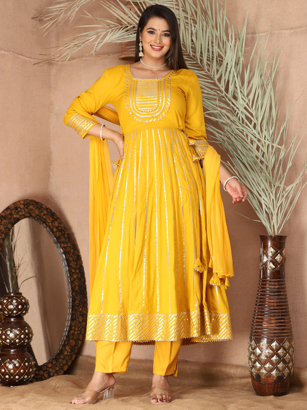 Yellow Gota Patti Work Anarkali Primum Rayon Kurta Pant Set with Chiffon Dupatta –3 Piece Salwar Kameez-750080