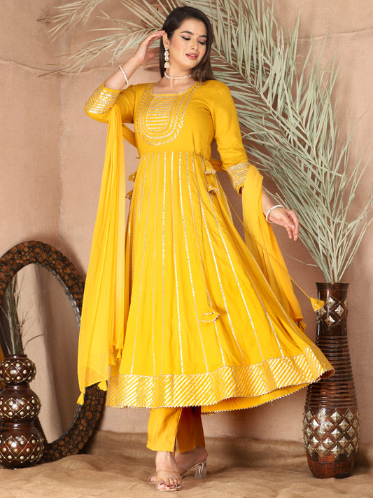 Yellow Gota Patti Work Anarkali Primum Rayon Kurta Pant Set with Chiffon Dupatta –3 Piece Salwar Kameez-750080