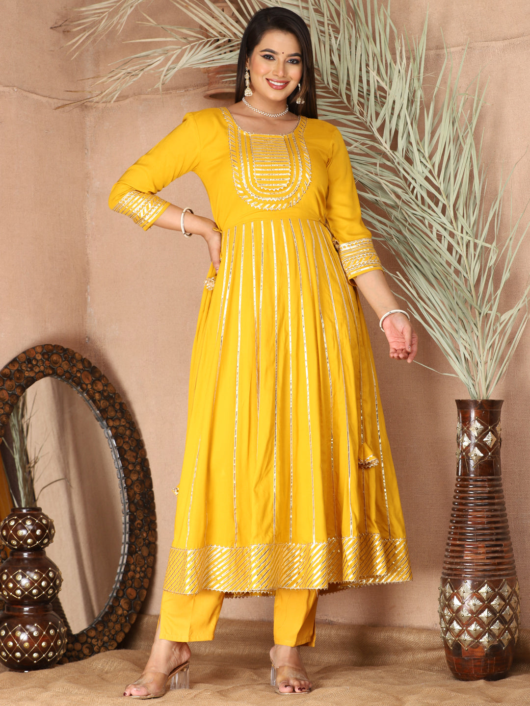 Yellow Gota Patti Work Anarkali Primum Rayon Kurta Pant Set with Chiffon Dupatta –3 Piece Salwar Kameez-750080