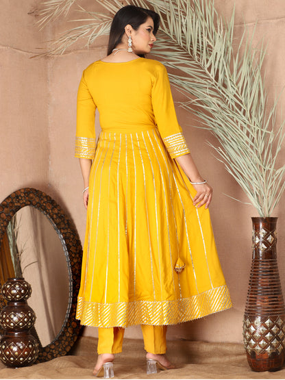 Yellow Gota Patti Work Anarkali Primum Rayon Kurta Pant Set with Chiffon Dupatta –3 Piece Salwar Kameez-750080