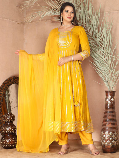 Yellow Gota Patti Work Anarkali Primum Rayon Kurta Pant Set with Chiffon Dupatta –3 Piece Salwar Kameez-750080