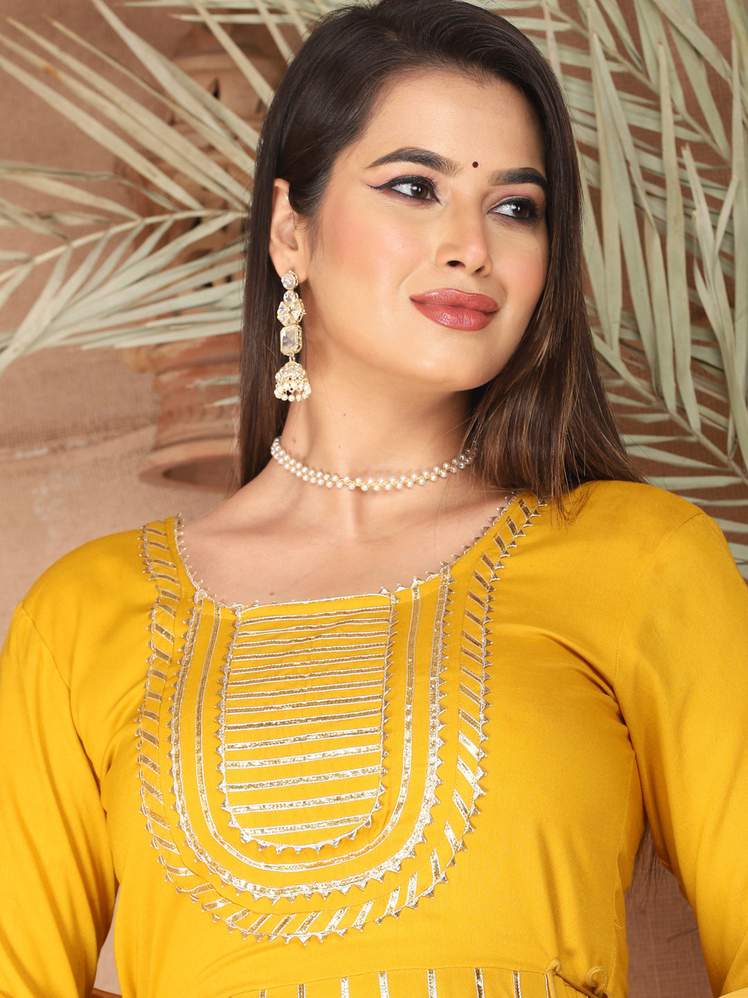 Yellow Gota Patti Work Anarkali Primum Rayon Kurta Pant Set with Chiffon Dupatta –3 Piece Salwar Kameez-750080