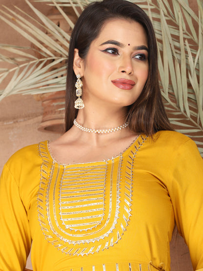 Yellow Gota Patti Work Anarkali Primum Rayon Kurta Pant Set with Chiffon Dupatta –3 Piece Salwar Kameez-750080