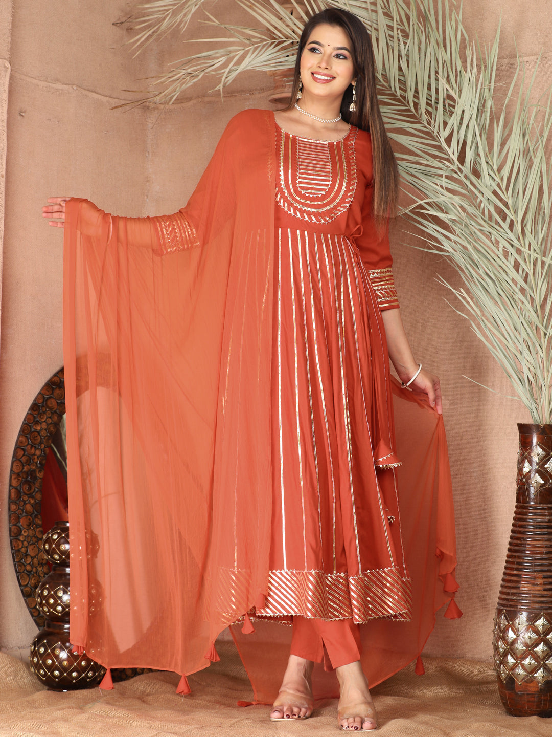Orange Gota Patti Work Anarkali Primum Rayon Kurta Pant Set with Chiffon Dupatta –3 Piece Salwar Kameez-750081