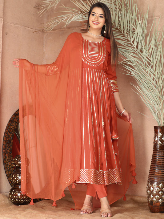 Orange Gota Patti Work Anarkali Primum Rayon Kurta Pant Set with Chiffon Dupatta –3 Piece Salwar Kameez-750081