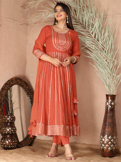 Orange Gota Patti Work Anarkali Primum Rayon Kurta Pant Set with Chiffon Dupatta –3 Piece Salwar Kameez-750081