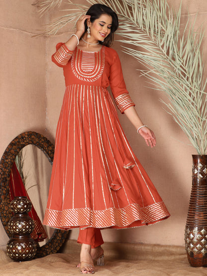 Orange Gota Patti Work Anarkali Primum Rayon Kurta Pant Set with Chiffon Dupatta –3 Piece Salwar Kameez-750081