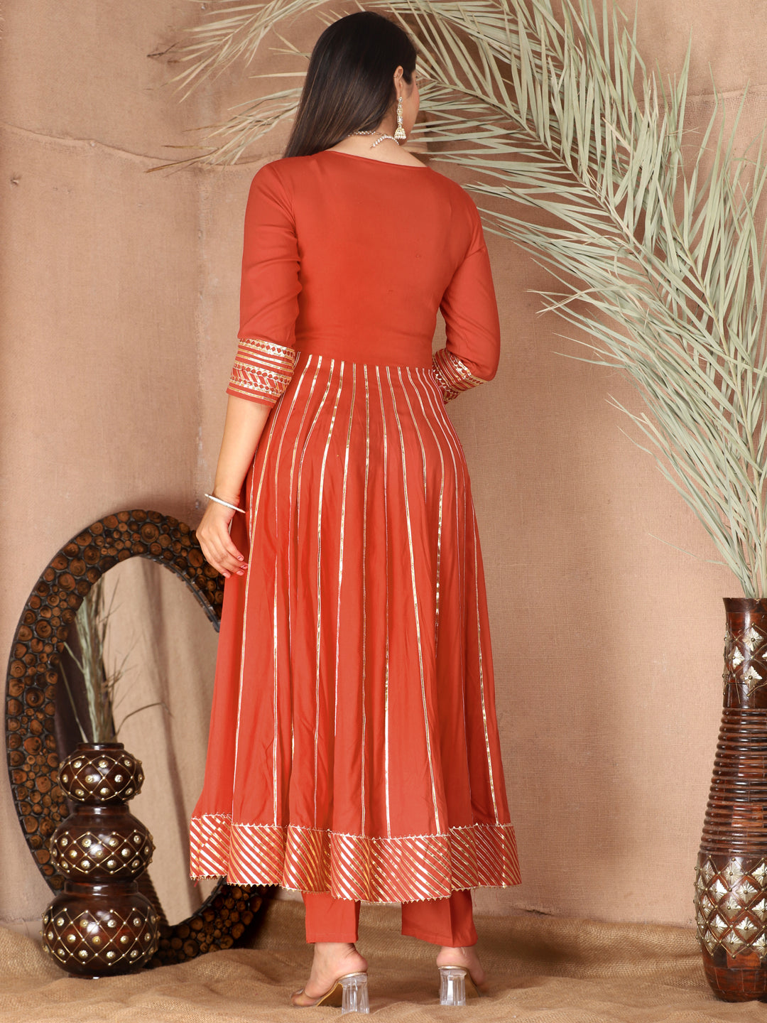 Orange Gota Patti Work Anarkali Primum Rayon Kurta Pant Set with Chiffon Dupatta –3 Piece Salwar Kameez-750081