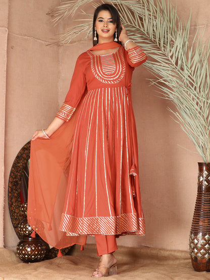 Orange Gota Patti Work Anarkali Primum Rayon Kurta Pant Set with Chiffon Dupatta –3 Piece Salwar Kameez-750081