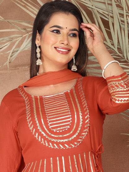 Orange Gota Patti Work Anarkali Primum Rayon Kurta Pant Set with Chiffon Dupatta –3 Piece Salwar Kameez-750081