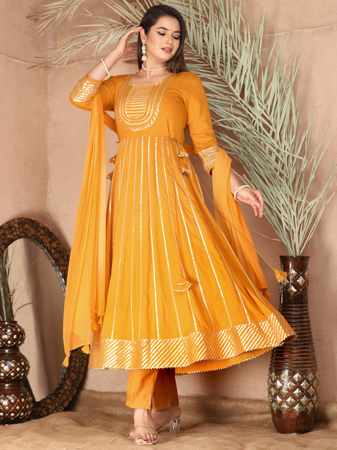 mustard Gota Patti Work Anarkali Primum Rayon Kurta Pant Set with Chiffon Dupatta –3 Piece Salwar Kameez-750082