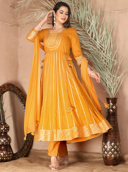 mustard Gota Patti Work Anarkali Primum Rayon Kurta Pant Set with Chiffon Dupatta –3 Piece Salwar Kameez-750082