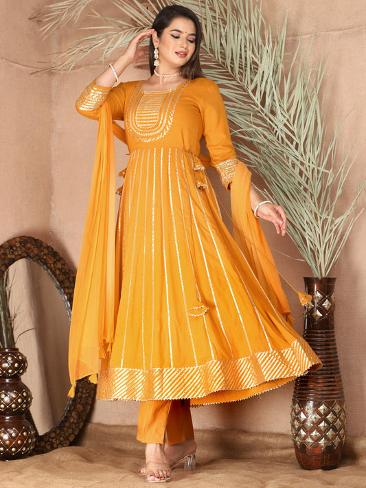 mustard Gota Patti Work Anarkali Primum Rayon Kurta Pant Set with Chiffon Dupatta –3 Piece Salwar Kameez-750082