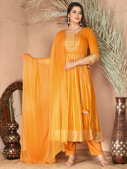 mustard Gota Patti Work Anarkali Primum Rayon Kurta Pant Set with Chiffon Dupatta –3 Piece Salwar Kameez-750082