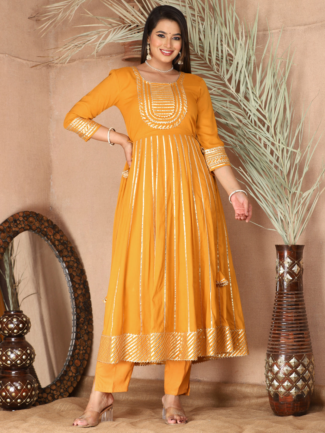 mustard Gota Patti Work Anarkali Primum Rayon Kurta Pant Set with Chiffon Dupatta –3 Piece Salwar Kameez-750082