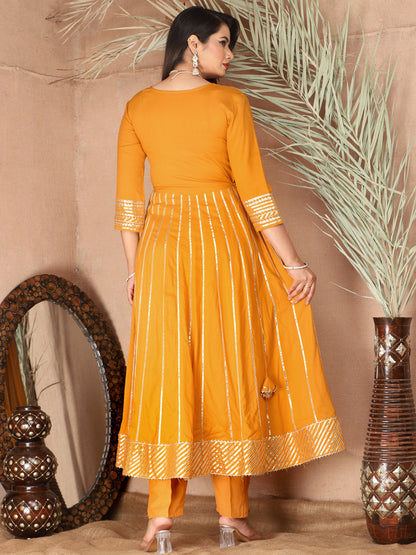 mustard Gota Patti Work Anarkali Primum Rayon Kurta Pant Set with Chiffon Dupatta –3 Piece Salwar Kameez-750082