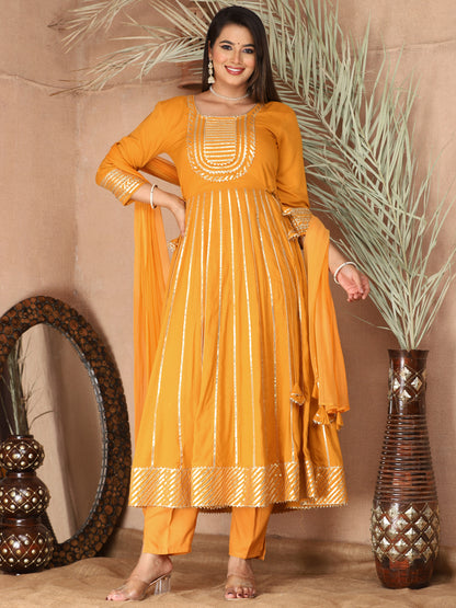 mustard Gota Patti Work Anarkali Primum Rayon Kurta Pant Set with Chiffon Dupatta –3 Piece Salwar Kameez-750082