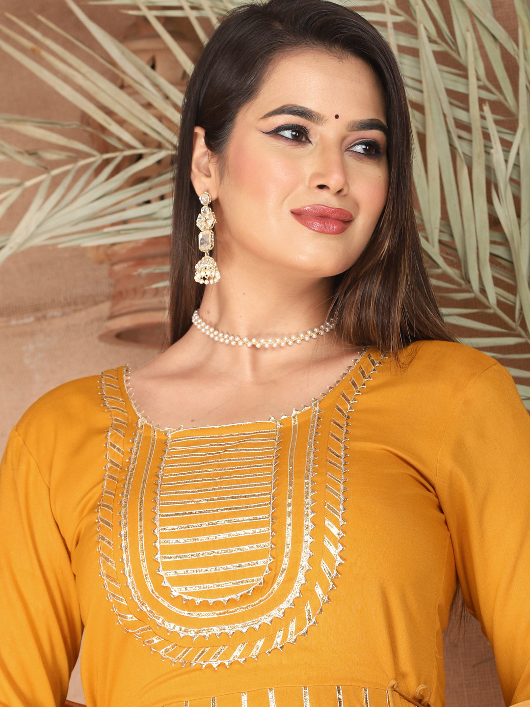 mustard Gota Patti Work Anarkali Primum Rayon Kurta Pant Set with Chiffon Dupatta –3 Piece Salwar Kameez-750082