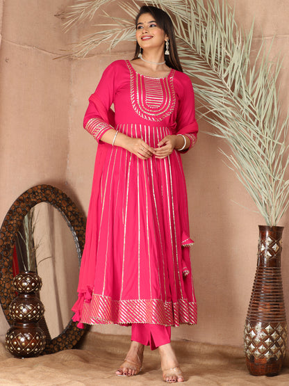 Pink Gota Patti Work Anarkali Primum Rayon Kurta Pant Set with Chiffon Dupatta –3 Piece Salwar Kameez-750083