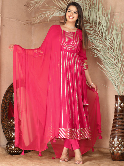 Pink Gota Patti Work Anarkali Primum Rayon Kurta Pant Set with Chiffon Dupatta –3 Piece Salwar Kameez-750083