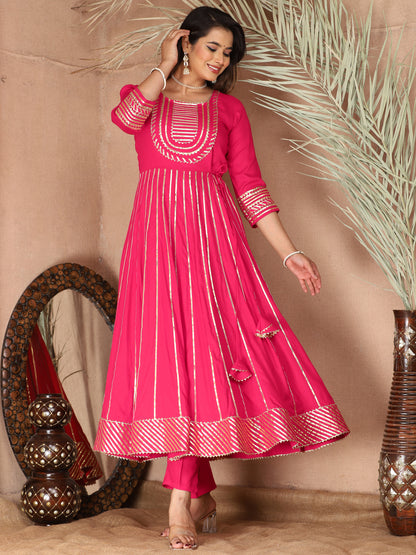 Pink Gota Patti Work Anarkali Primum Rayon Kurta Pant Set with Chiffon Dupatta –3 Piece Salwar Kameez-750083