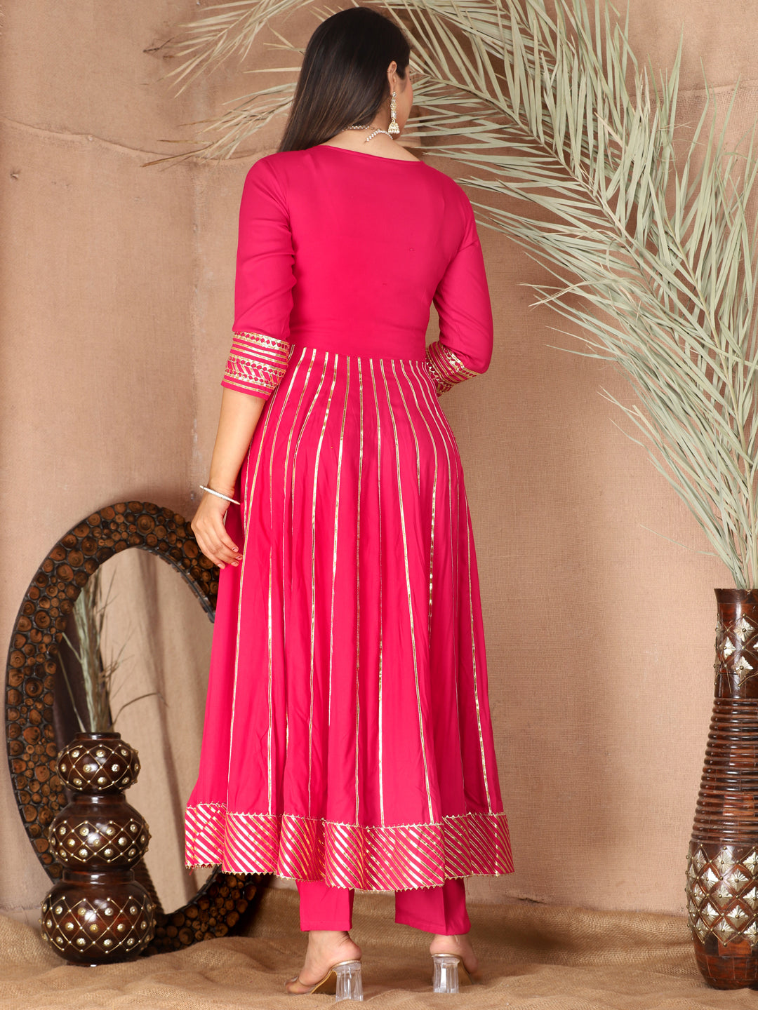 Pink Gota Patti Work Anarkali Primum Rayon Kurta Pant Set with Chiffon Dupatta –3 Piece Salwar Kameez-750083