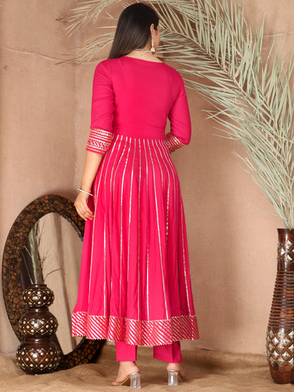 Pink Gota Patti Work Anarkali Primum Rayon Kurta Pant Set with Chiffon Dupatta –3 Piece Salwar Kameez-750083