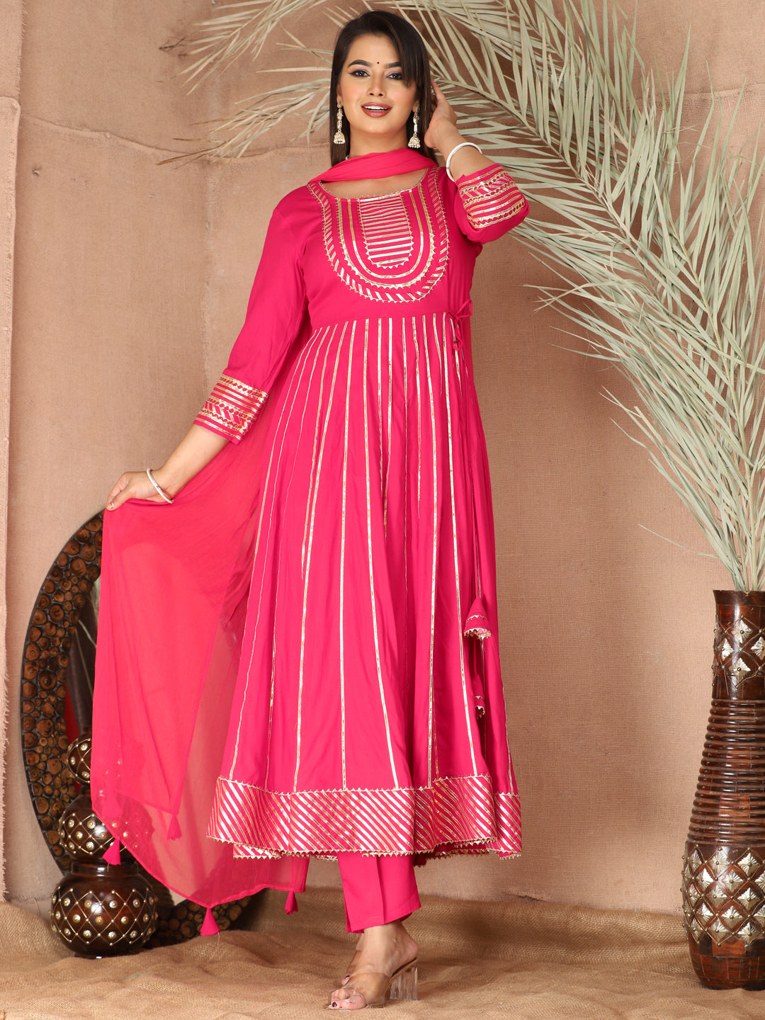Pink Gota Patti Work Anarkali Primum Rayon Kurta Pant Set with Chiffon Dupatta –3 Piece Salwar Kameez-750083