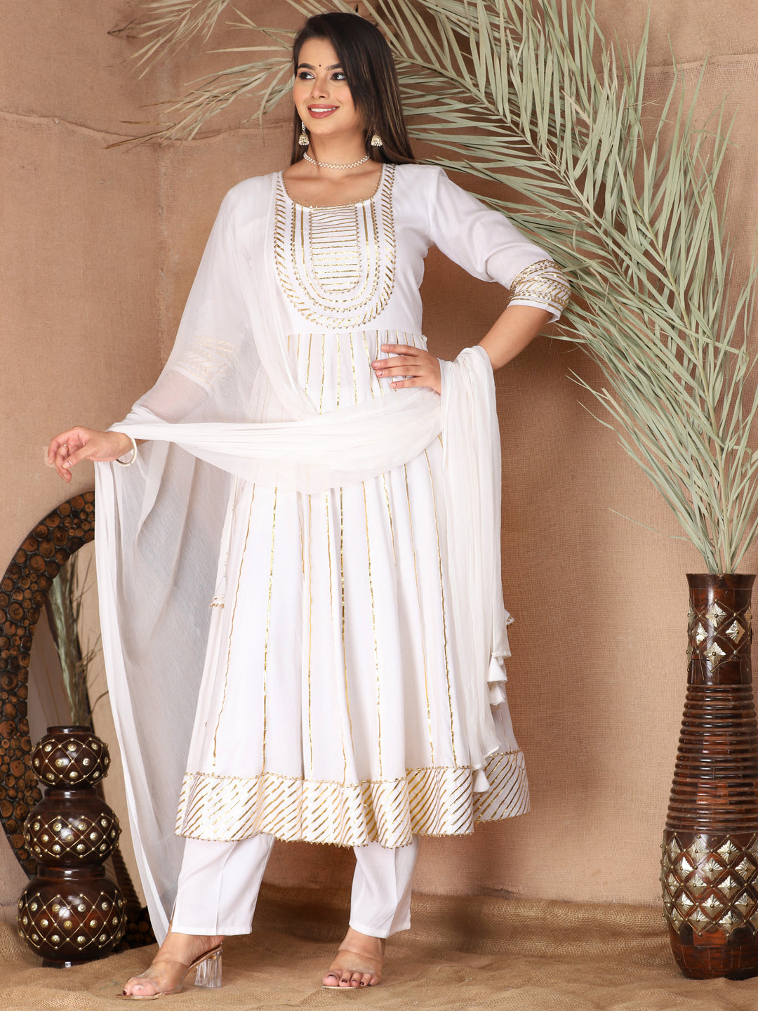 White Gota Patti Work Anarkali Primum Rayon Kurta Pant Set with Chiffon Dupatta –3 Piece Salwar Kameez-750084