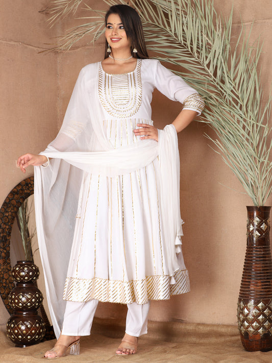 White Gota Patti Work Anarkali Primum Rayon Kurta Pant Set with Chiffon Dupatta –3 Piece Salwar Kameez-750084