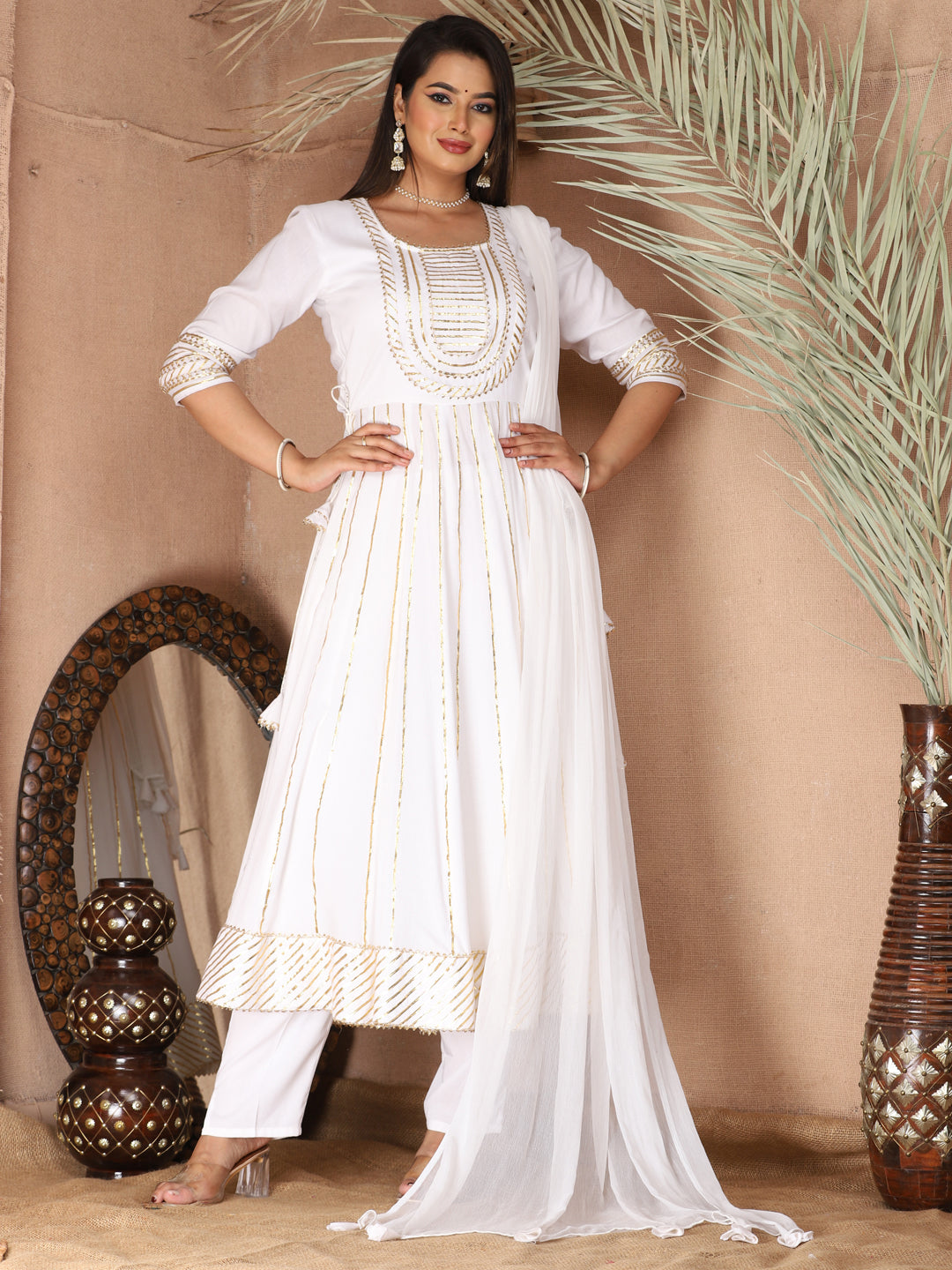 White Gota Patti Work Anarkali Primum Rayon Kurta Pant Set with Chiffon Dupatta –3 Piece Salwar Kameez-750084