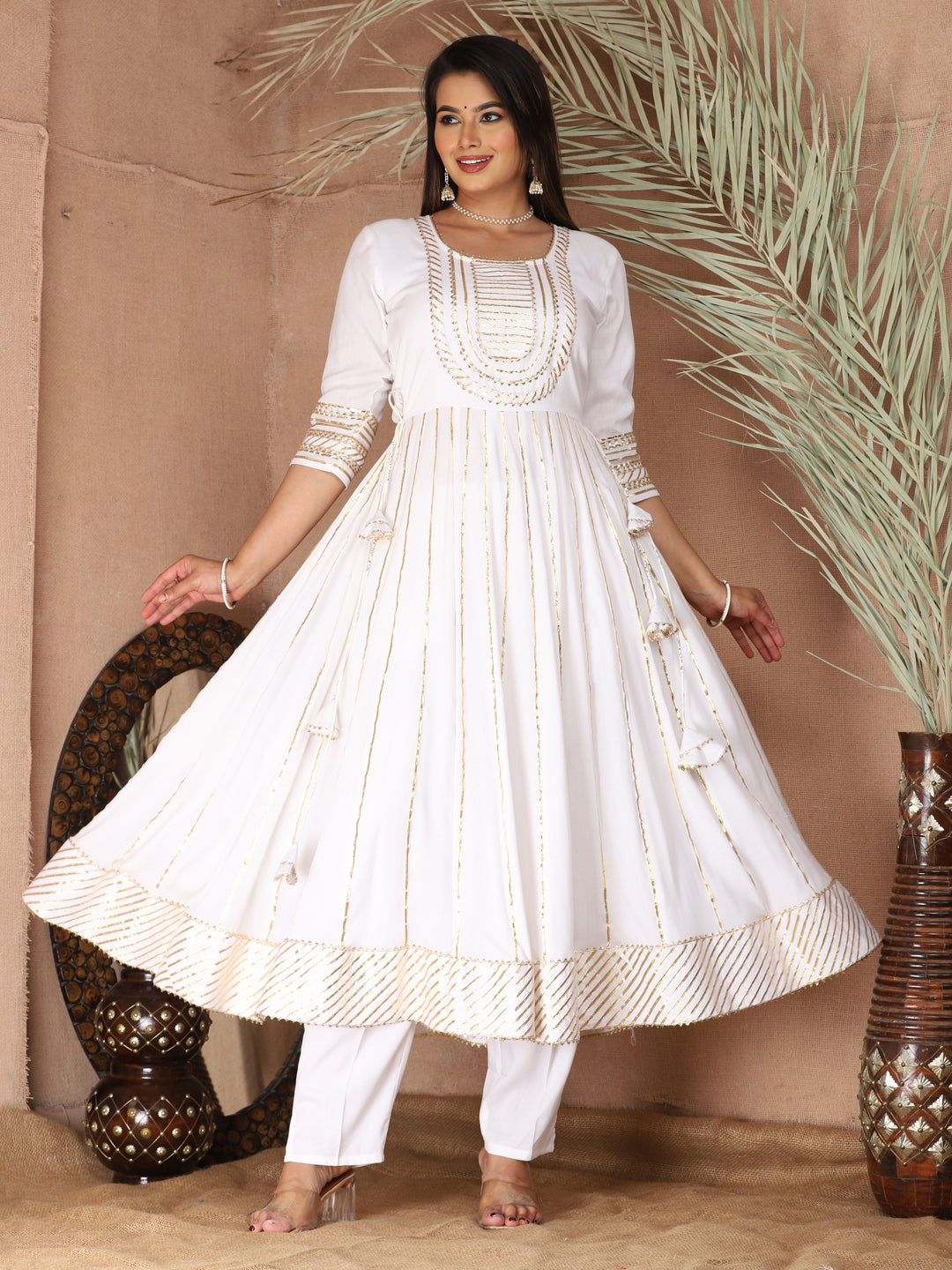 White Gota Patti Work Anarkali Primum Rayon Kurta Pant Set with Chiffon Dupatta –3 Piece Salwar Kameez-750084