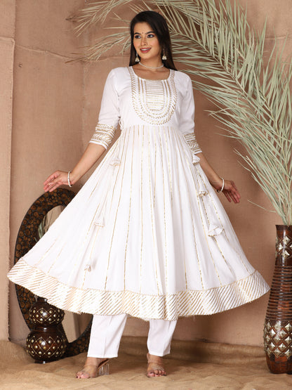 White Gota Patti Work Anarkali Primum Rayon Kurta Pant Set with Chiffon Dupatta –3 Piece Salwar Kameez-750084
