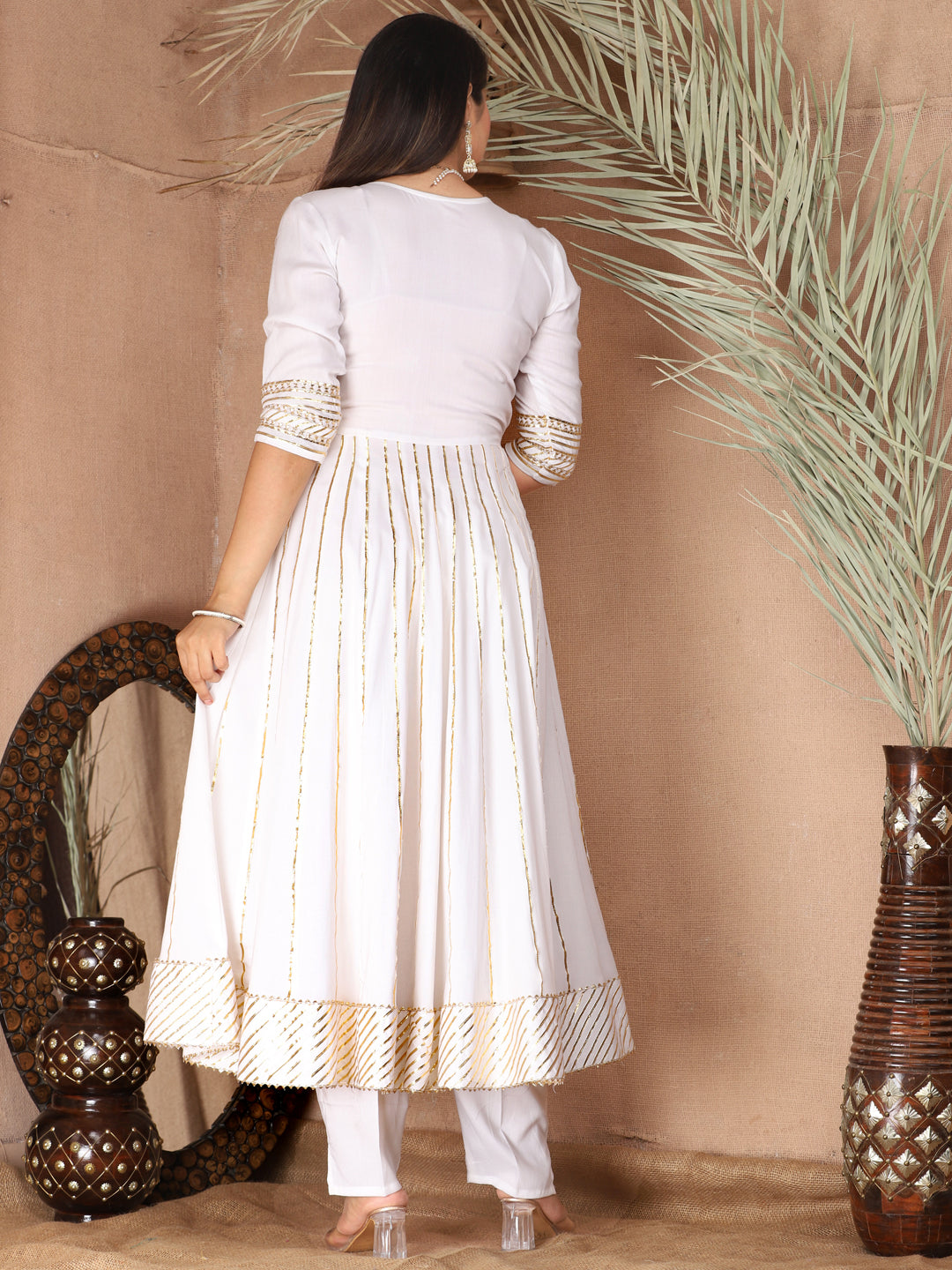 White Gota Patti Work Anarkali Primum Rayon Kurta Pant Set with Chiffon Dupatta –3 Piece Salwar Kameez-750084